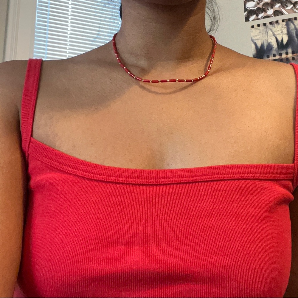 Red coral tube gold bead choker necklace